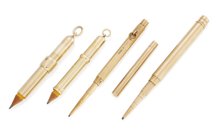 A GROUP OF FOUR GOLD PROPELLING-PENCILS AND A GOLD NIB-CASE, VARIOUS DATES AND MAKERS, FIRST QUARTER 20TH CENTURY