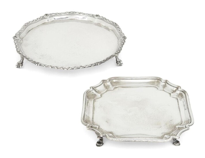 A George II shaped square silver waiter, London, 1731, Joseph Sanders, raised on four pad feet, 14.5cm dia., together with a circular George III example, London, 1776, John Crouch I & Thomas Hannam, with laurel border and three claw and ball feet...