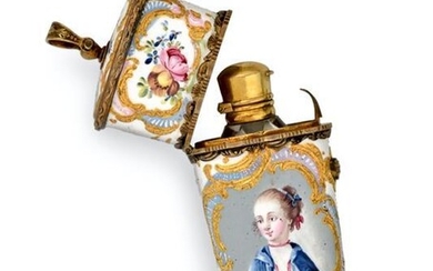 A George III Gilt-Metal Mounted Enamel Etui With Scent-Bottle, Probably...