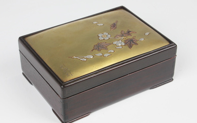 A Japanese mixed-metal inlaid bronze and hardwood rectangular box and cover, Meiji period, the top f