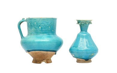 A KASHAN TURQUOISE-GLAZED POTTERY JUG AND SPRINKLER Kashan, Iran, late 12th - 13th century