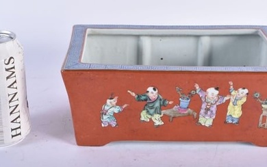 A LATE 19TH CENTURY CHINESE CORAL GROUND PORCELAIN PLANTER Late Qing, bearing Qianlong marks to base