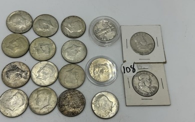 A LOT OF FIVE STERLING SILVER HALF DOLLARS AND TWELVE 1968 - 69 KENNEDY HALVES