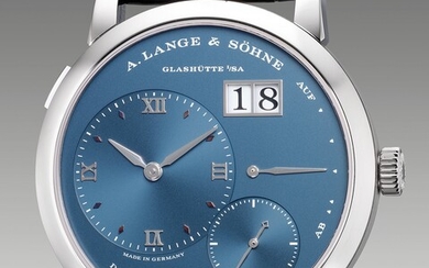 A. Lange & Söhne, Ref. 191.028 A rare, fine and attractive white gold wristwatch with small seconds, oversized date, power reserve indication, deep blue dial, guarantee and presentation box