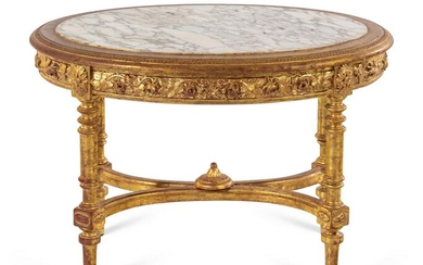 A Louis XVI Style Carved Giltwood Marble-Top Low Table