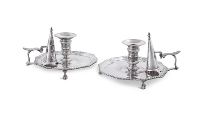 A MATCHED PAIR OF GEORGE III SILVER OCTOFOIL CHAMBER CANDLESTICKS