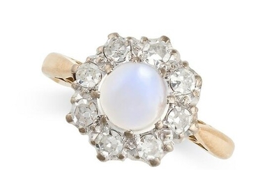A MOONSTONE AND DIAMOND CLUSTER RING in 18ct yellow