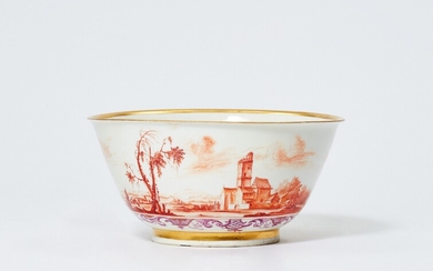 A Meissen porcelain slop bowl with a landscape in iron red