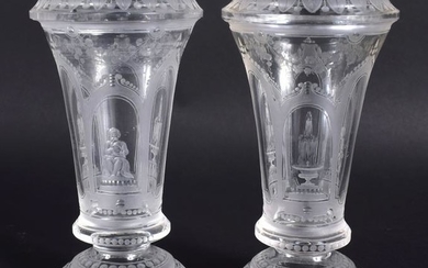 A PAIR OF 19TH CENTURY VENETIAN CLEAR GLASSES etched