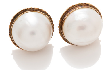 A PAIR OF 9CT GOLD MABE PEARL EARRINGS; each a...