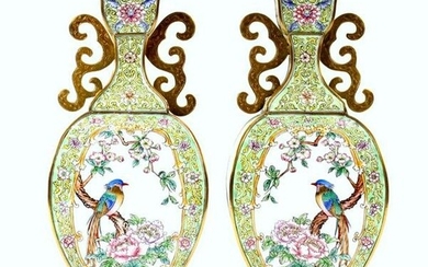 A PAIR OF ANTIQUE CANTONESE ENAMEL ON COPPER VASES