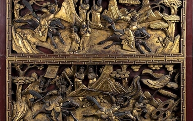 A PAIR OF CARVED, LACQUERED AND GILT WOOD PANEL China,...