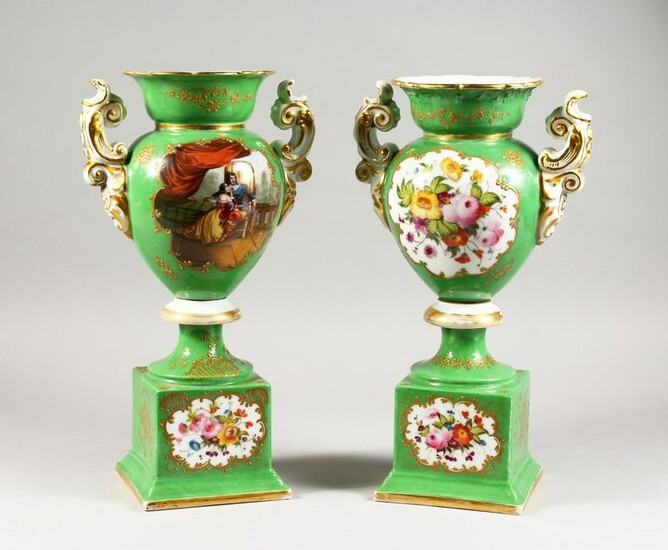 A PAIR OF CONTINENTAL PORCELAIN PEDESTAL VASES painted