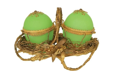 A PAIR OF FRENCH BELLE EPOQUE GILT METAL MOUNTED GREEN OPALINE GLASS EGG BOXES