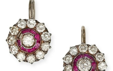 A PAIR OF FRENCH DIAMOND AND RUBY EARRINGS in 14ct yellow gold and silver, each set a round