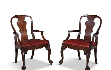 A PAIR OF GEORGE III CARVED OAK PROVINCIAL ARMCHAIRS, each ...