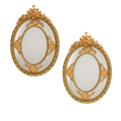 A PAIR OF LOUIS XV STYLE GILT AND PAINTED WOOD AND COMPOSITION MIRRORS