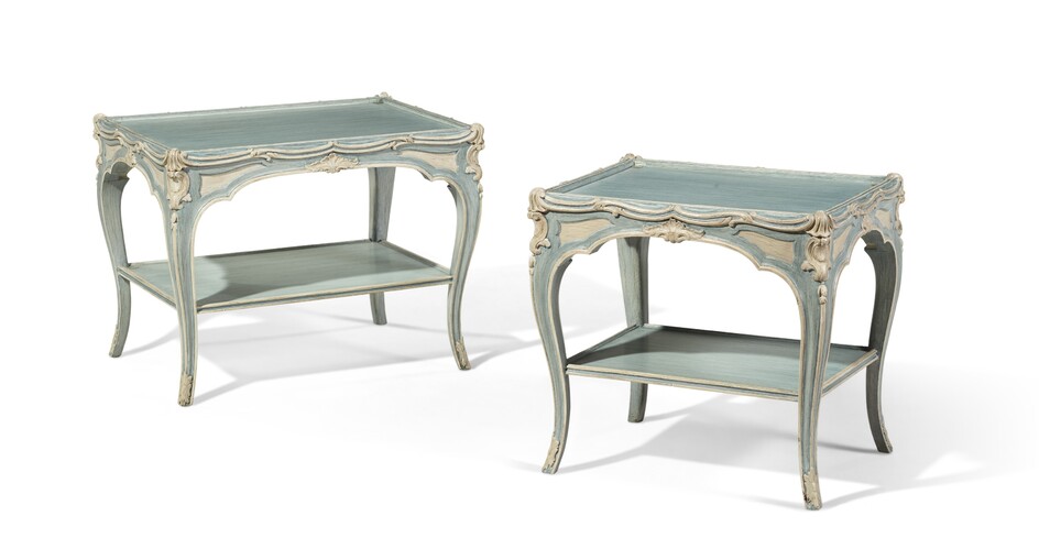 A PAIR OF LOUIX XV STYLE BLUE AND CREAM-PAINTED LOW TABLES, ATTRIBUTED TO MAISON JANSEN, MID-20TH CENTURY