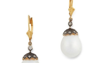 A PAIR OF PEARL AND DIAMOND DROP EARRINGS set with