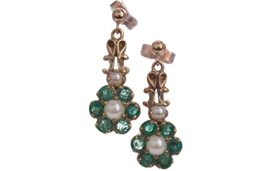 A PAIR OF PEARL AND EMERALD EARRINGS