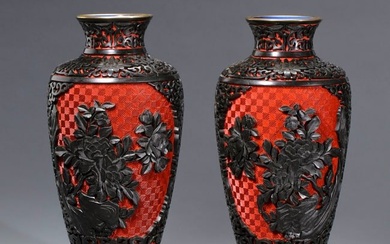 A PAIR OF QING DYNASTY RED CARVED LACQUER FLOWER VASES