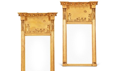 A PAIR OF REGENCY STYLE GILT PAINTED SMALL PIER MIRRORS