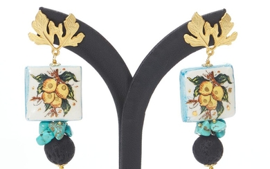 A PAIR OF SICILIAN DROP EARRINGS FEATURING A CALTAGIRONE CERAMIC PANEL DEPICTING LEMONS , WITH TURQUOISE AND VOLCANIC BEADS, TO POST...