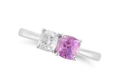 A PINK SAPPHIRE AND DIAMOND RING in platinum, set with a cushion cut pink sapphire of 1.03 carats