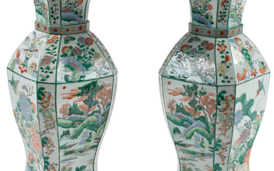 A Pair of Chinese Famille Verte Hexagonal Vases on Wood BAses