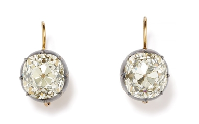 A Pair of Diamond, Gold and Silver-Topped Gold Earrings