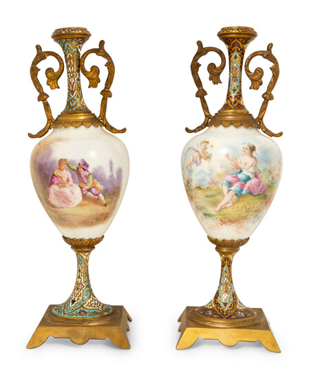 A Pair of French Sevres Style Porcelain and Champleve Vases