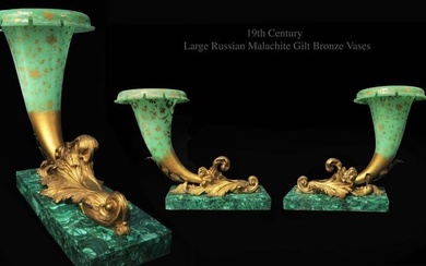 A Pair of Large 19th Century Russian Malachite & Gilt Bronze Vases