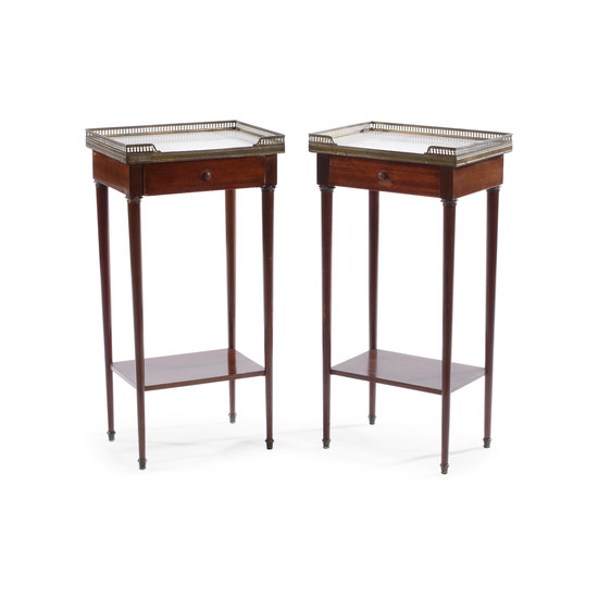 A Pair of Louis XVI Style Marble Top Mahogany Side Tables
