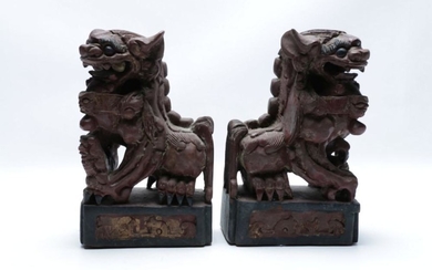 A Pair of Painted Timber Dogs of Fo (Some small chips, H 27cm x W 15cm)