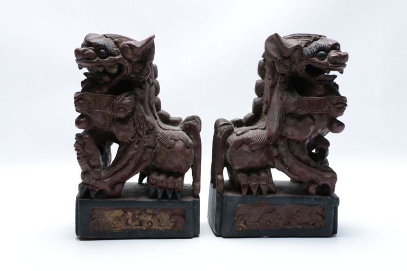A Pair of Painted Timber Dogs of Fo (Some small chips, H 27cm x W 15cm)