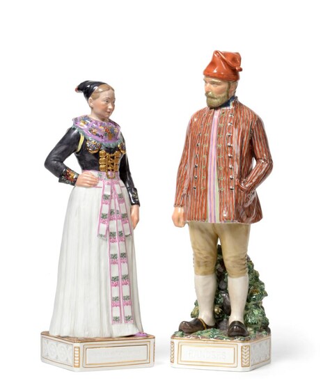 A Pair of Royal Copenhagen Porcelain Figures Representing Regional Costume, circa 1905, modelled by