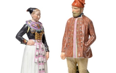 A Pair of Royal Copenhagen Porcelain Figures Representing Regional Costume,...