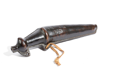 A RARE QUEEN ANNE LEATHER 'PISTOL-SHAPED' FLASK OR BOTTLE