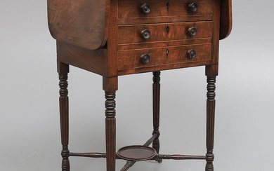 A REGENCY MAHOGANY AND INLAID SEWING TABLE.