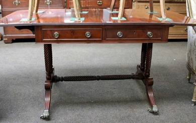 A Regency Mahogany Rosewood Crossbanded Sofa Table, two drawers opposite...