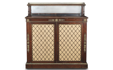 A Regency ormolu and brass mounted rosewood side cabinet or...