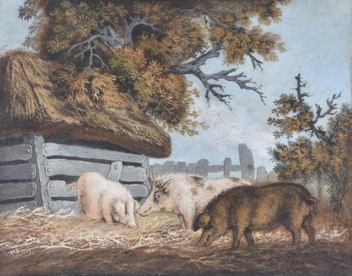 A Regency sand picture of pigs beside a sty possibly by Benjamin Zobel (German-British