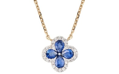 A SAPPHIRE AND DIAMOND FLOWER PENDANT NECKLACE the pendant designed as a flower set with pear cut