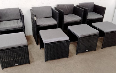 A SET OF FOUR POLY WICKER PATIO CHAIRS WITH STOOLS AND CUSHIONS