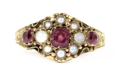 A Victorian 15ct gold garnet and split pearl cluster ring