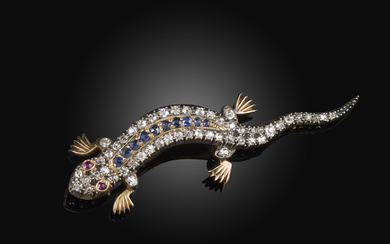 A Victorian sapphire, ruby and diamond brooch, late 19th century, designed as a salamander