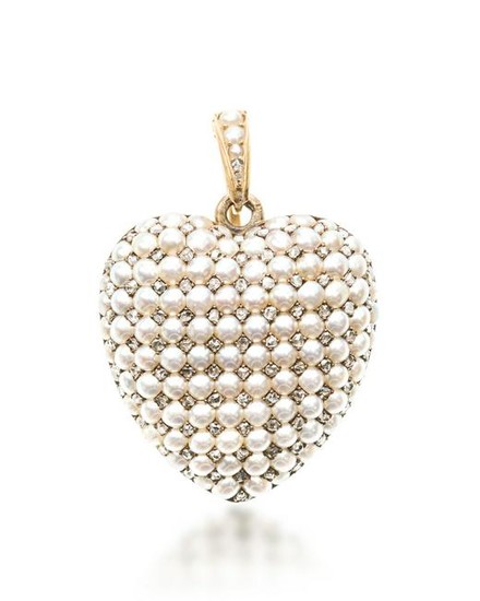 A Victorian seed pearl and diamond heart locket