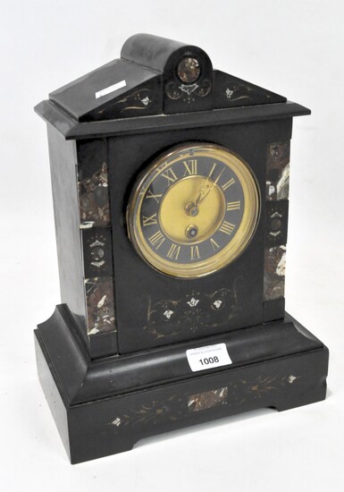 A Victorian slate mantle clock, with marble and gilt inlay, on pedestal base