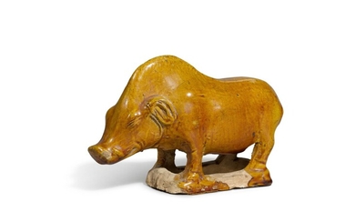 A chestnut-glazed pottery figure of a boar, Tang dynasty | 唐 黄褐釉野豬, A chestnut-glazed pottery figure of a boar, Tang dynasty | 唐 黄褐釉野豬