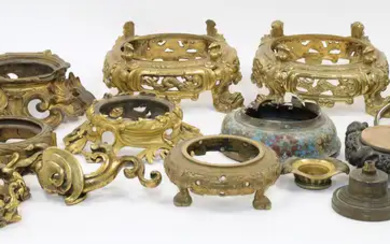 A collection of mounts and stands for Chinese porcelain, gilt metal, cloisonne...